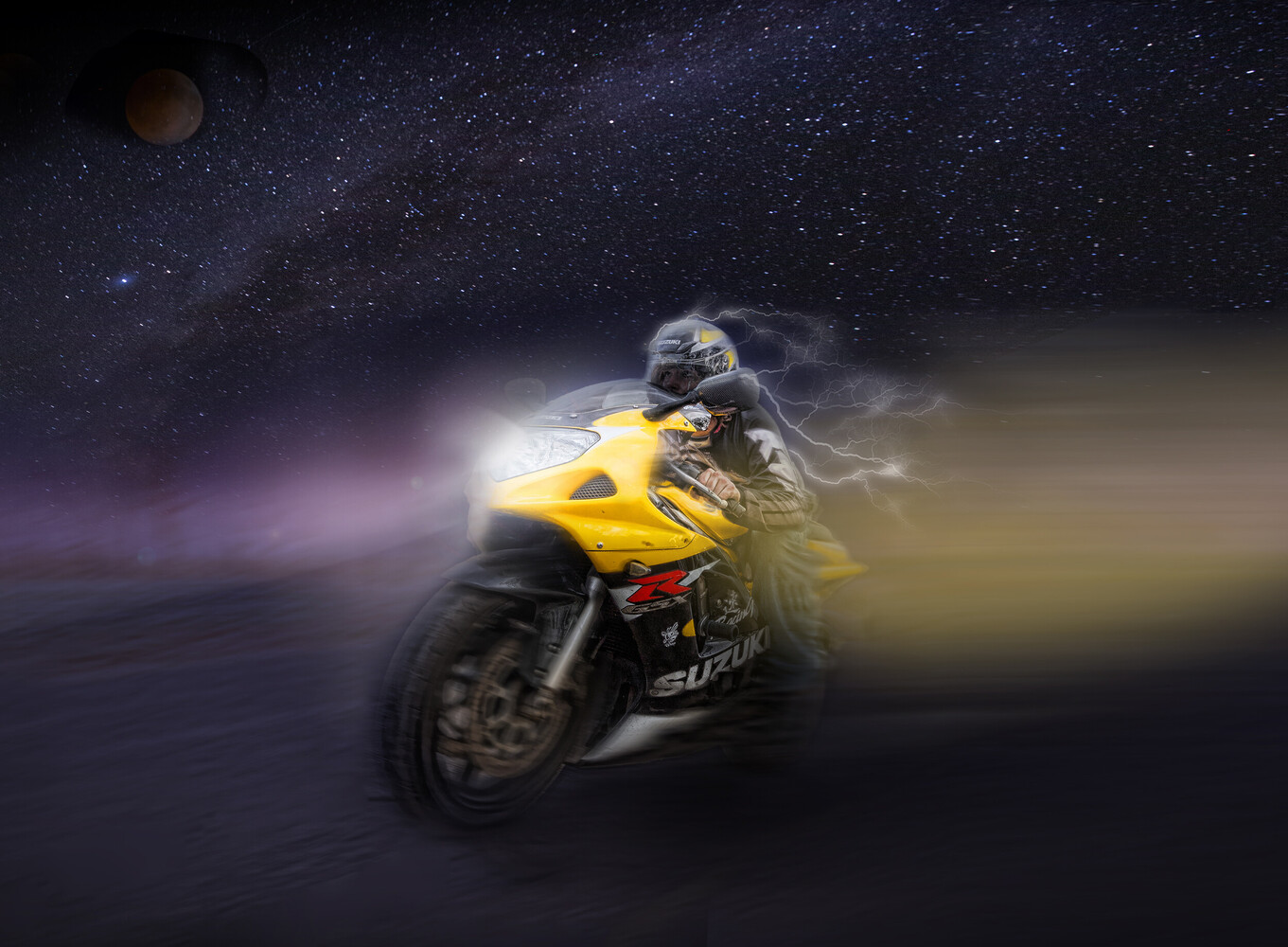 Yellow Suzuki sportbike with a rider speeding through a starry night sky, headlight glowing, with a planet at upper left