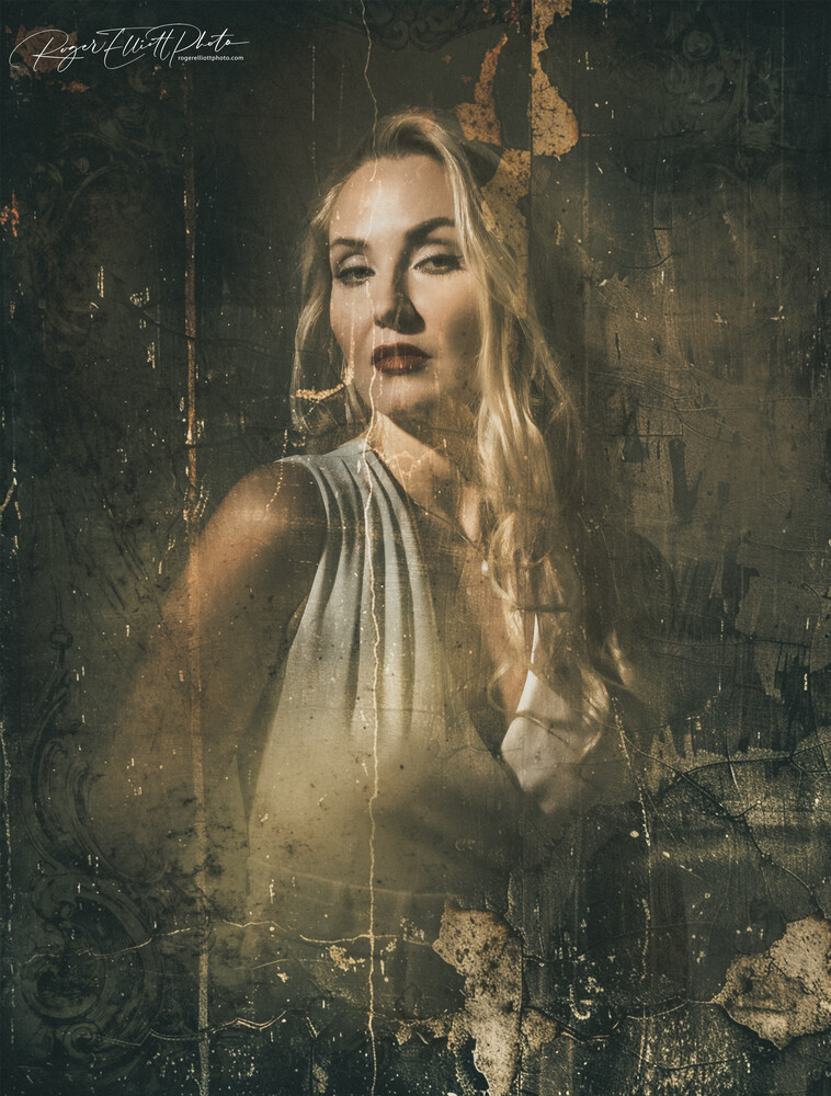 Woman with long blonde hair in soft-lit portrait with textured, distressed overlay effect
