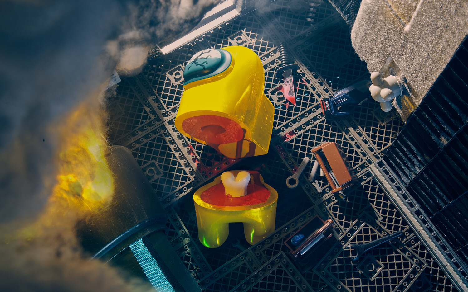 Yellow and red buoys floating in water viewed from above
