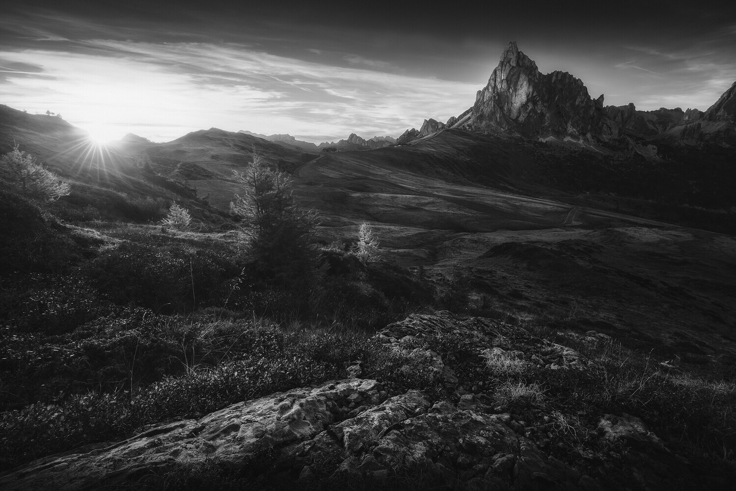 Dramatic mountain peak rising above forested valley at sunrise in black and white