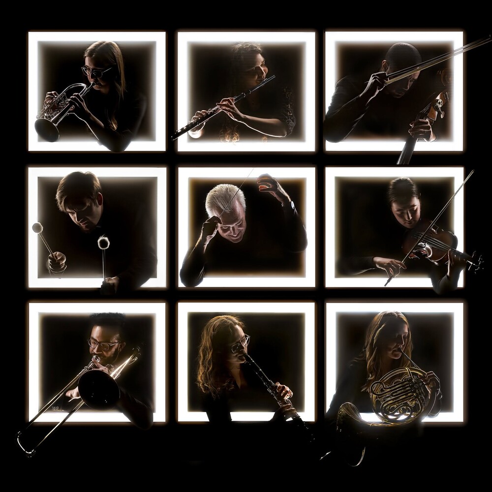Nine-panel grid of backlit orchestral musicians, each playing a different instrument such as flute, trombone, clarinet, French horn, and violin, against a black background.