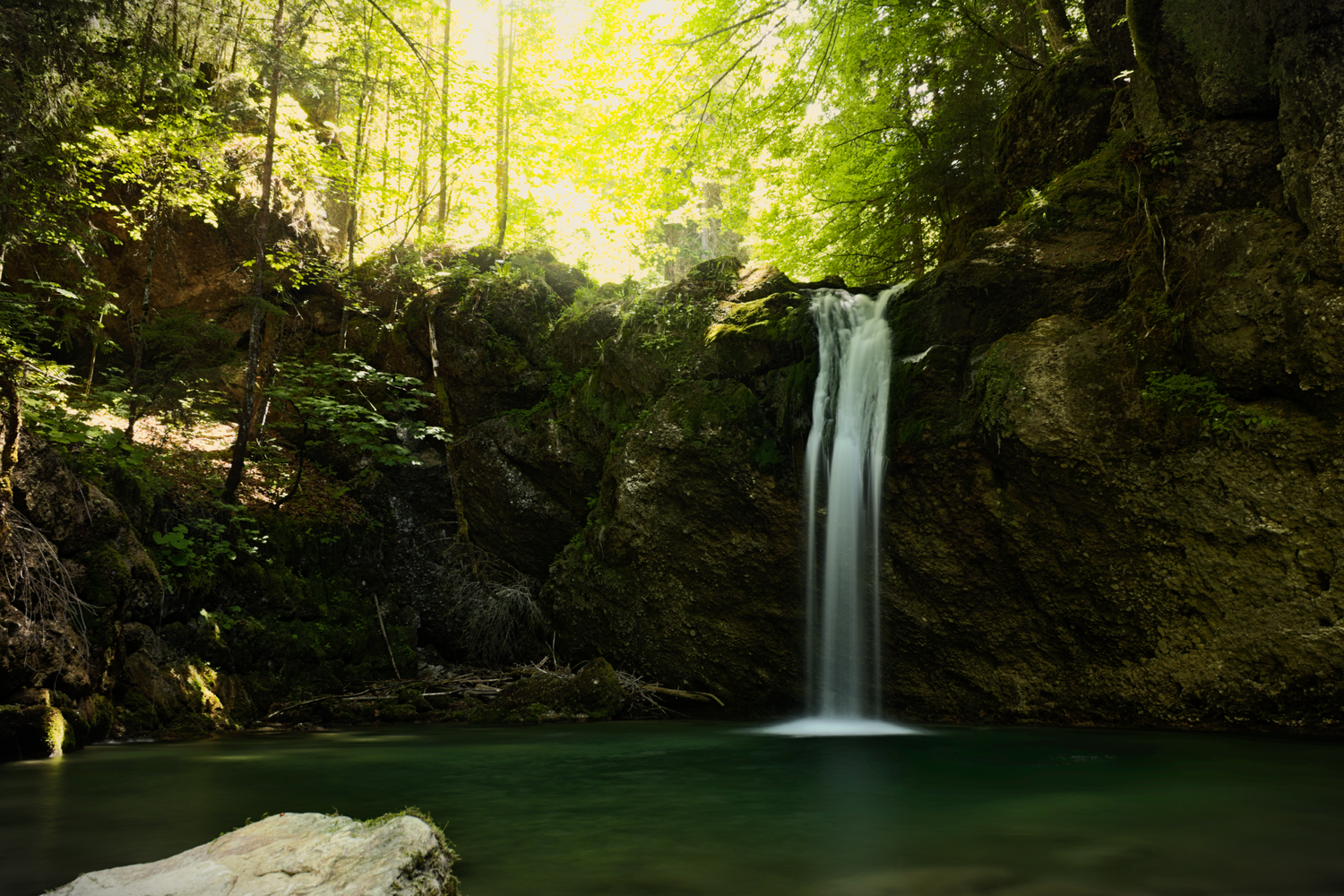 Waterfall cascading into an emerald pool surrounded by moss-covered rocks and dense forest canopy