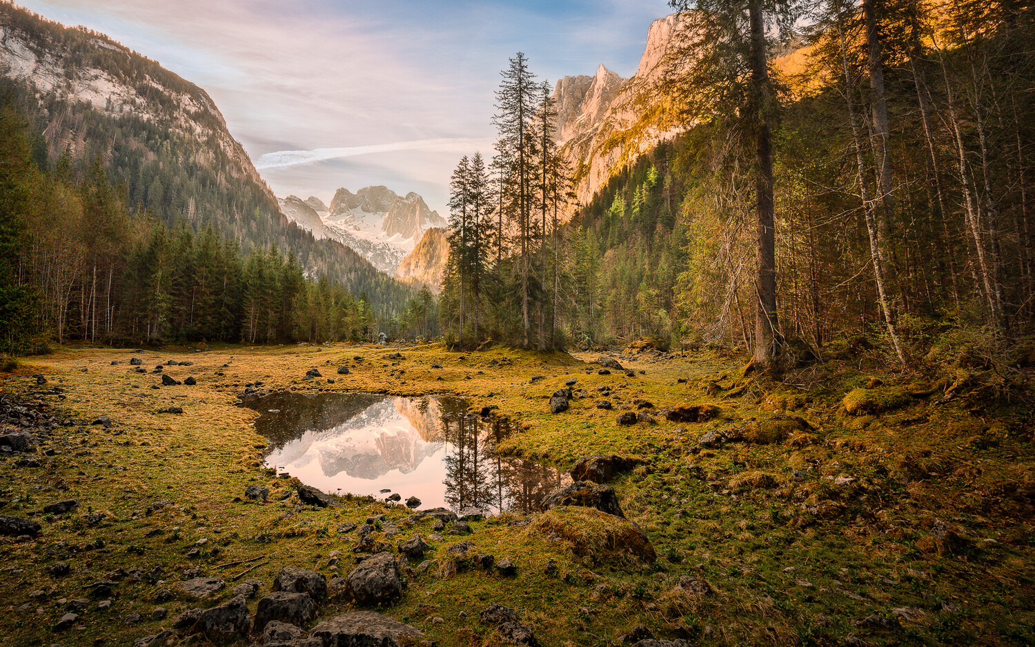 Alpine valley with small pond reflecting forested mountains at golden hour