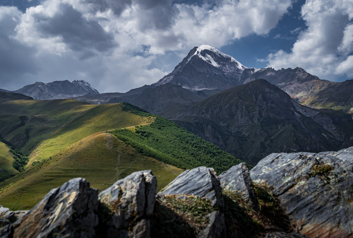 Snow-capped mountain peak rising above rolling green alpine meadows with rocky outcrops in foreground