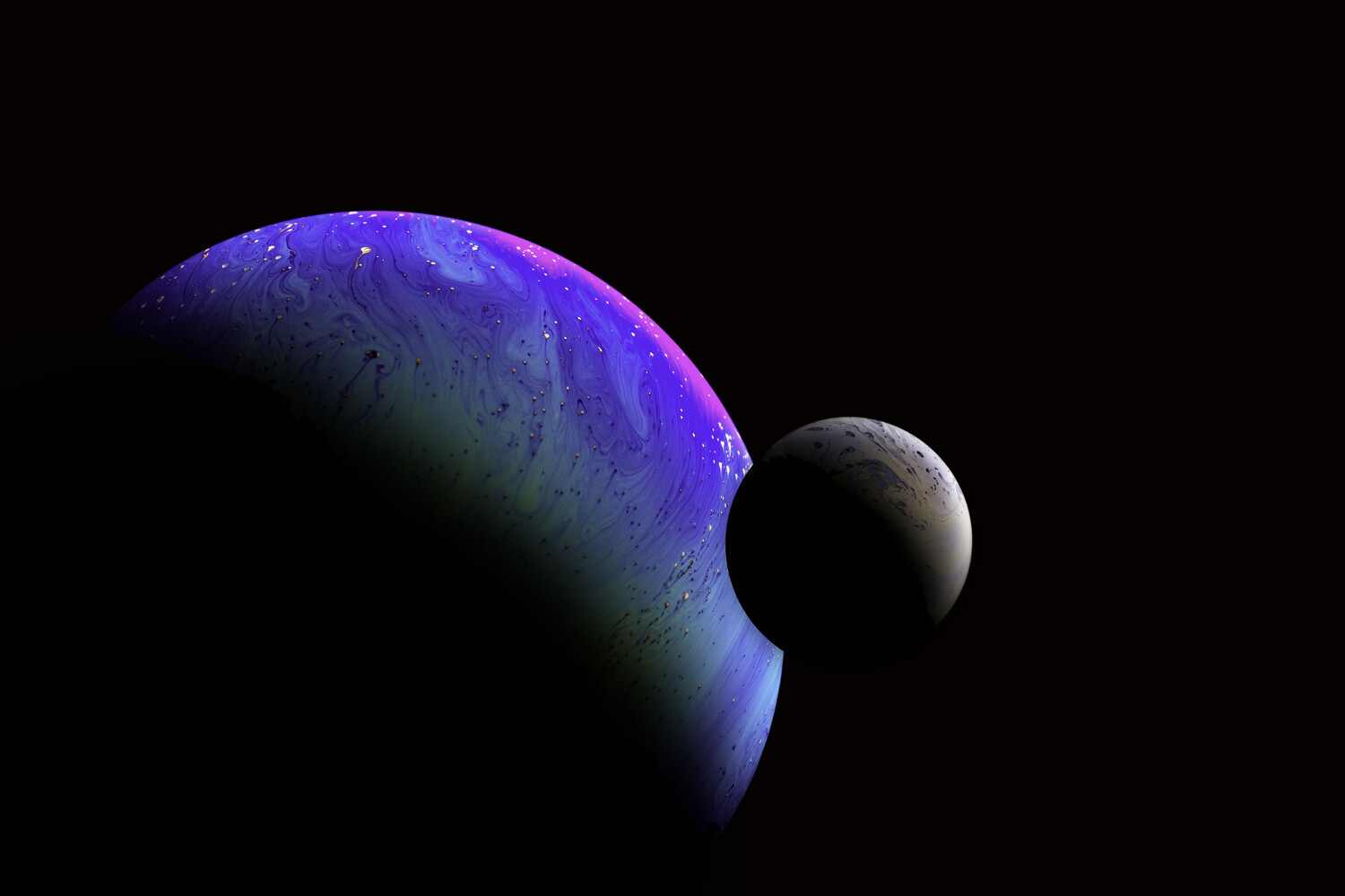 Two celestial bodies illuminated against black space, with purple and blue lighting on the larger spherical form