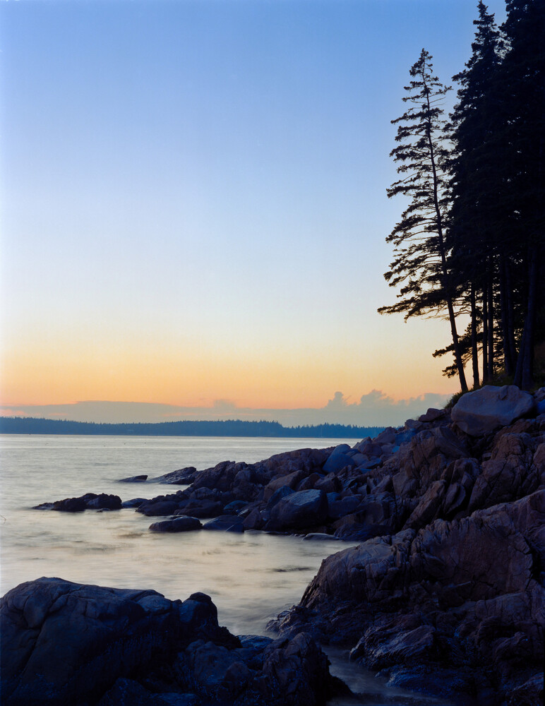Rocky shoreline with evergreen trees silhouetted against twilight sky and calm water