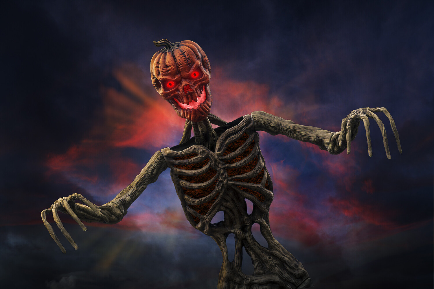 Digital illustration of a skeletal pumpkin-headed monster with glowing red eyes and clawed hands against a stormy red sky.