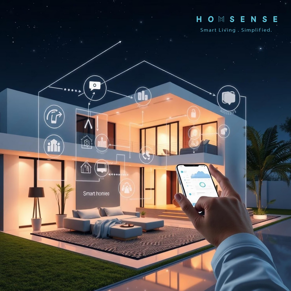 Illustration of a modern two-story smart home at night, lit warmly inside, with floating smart home icons and a hand holding a phone with an app.