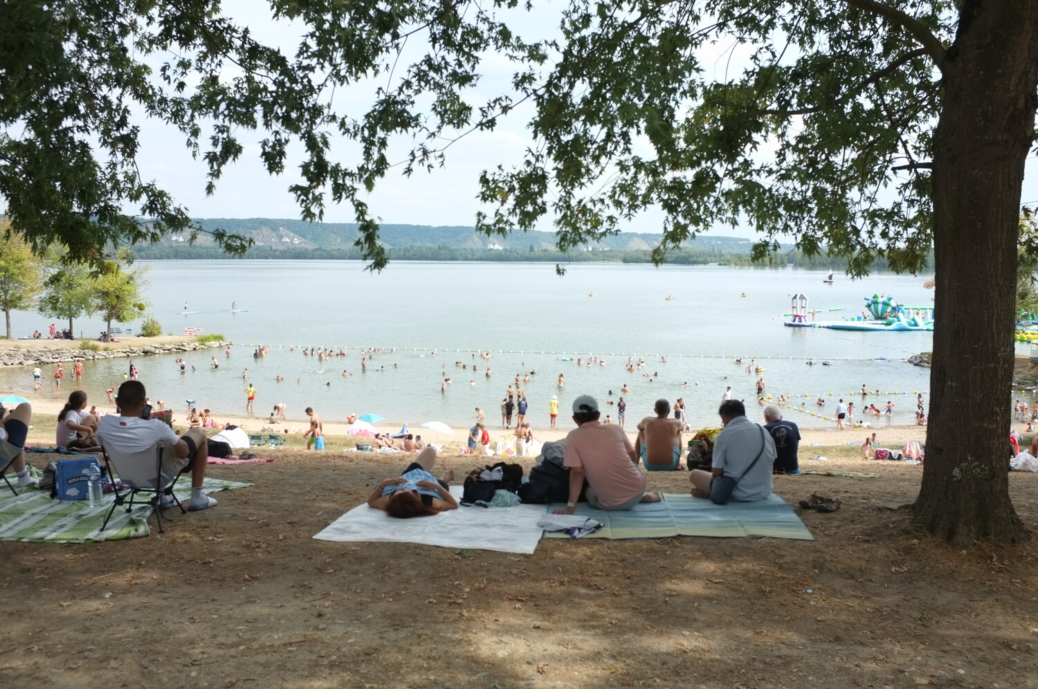 Beachgoers relaxing on sandy shore with lake and tree shade in foreground