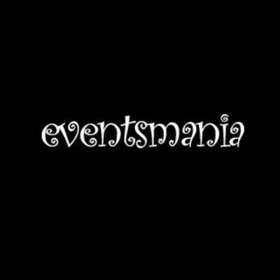 Logo for eventsmania displayed in white decorative typography on black background