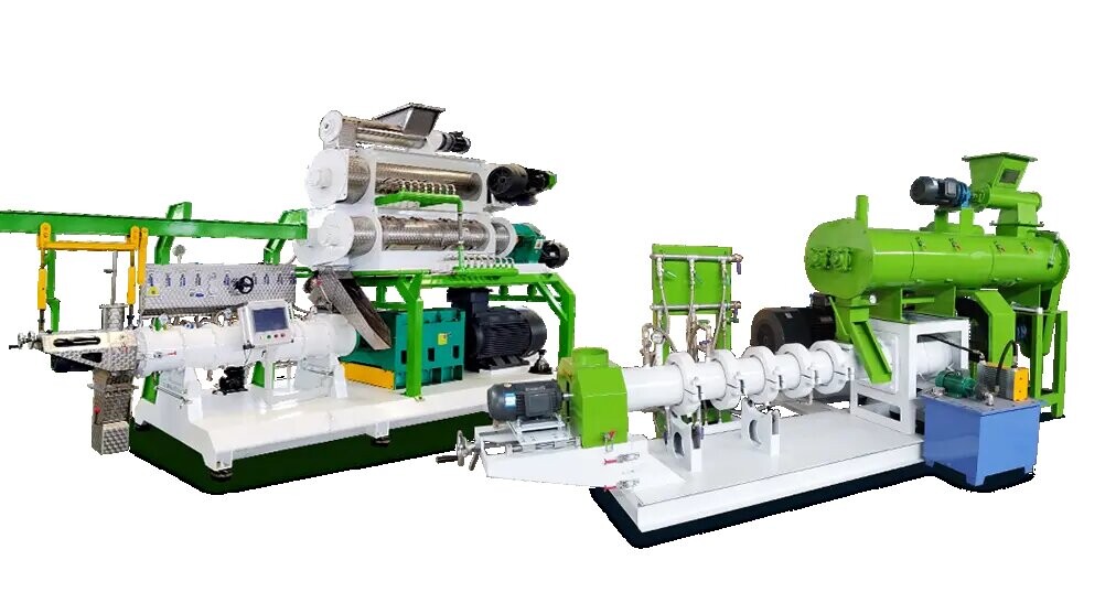 Illustration of industrial feed pellet manufacturing equipment with green and white machinery components