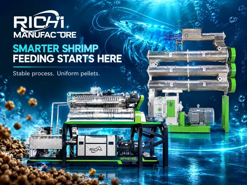 Graphic illustration of RICHI Manufacture aquaculture shrimp feeding equipment with industrial machinery and underwater elements
