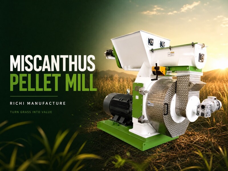 Graphic advertisement for a Miscanthus Pellet Mill industrial machine with green and white branding