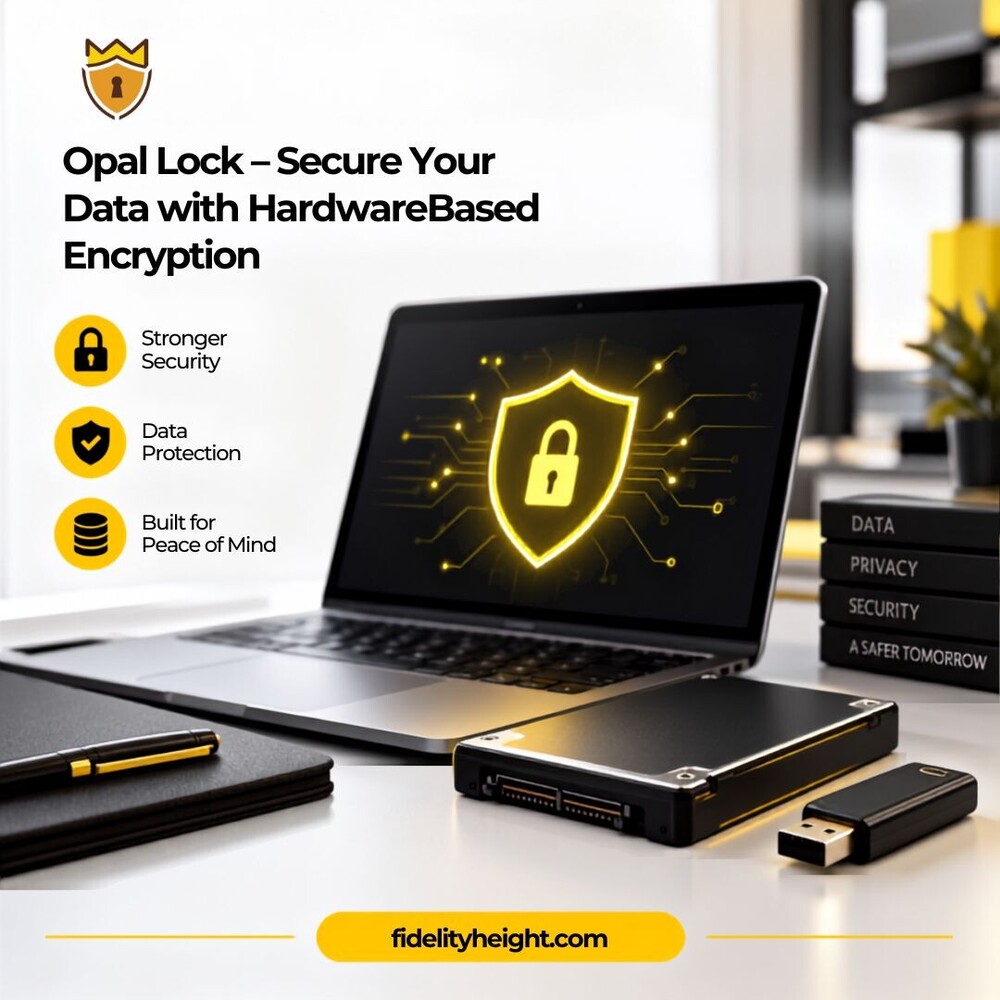 Graphic illustration of laptop displaying gold padlock security icon with hardware encryption messaging