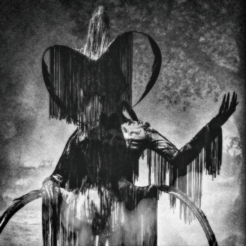 Black-and-white figure in a dark, sculptural headpiece and streaked costume, arms outstretched against a mottled background.