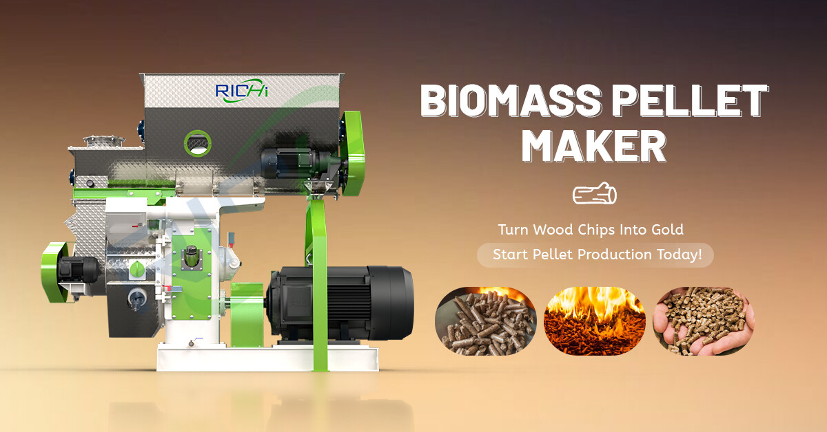 Illustration of a green and white biomass pellet maker machine with motor and rollers
