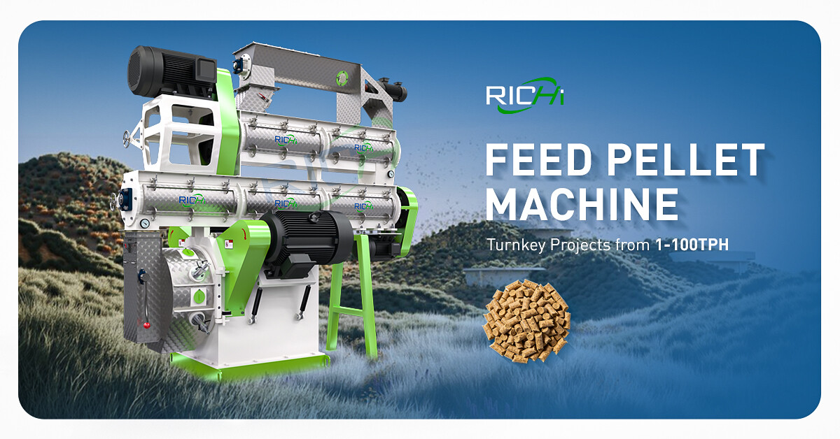 Graphic illustration of green and white industrial feed pellet machine against landscape background