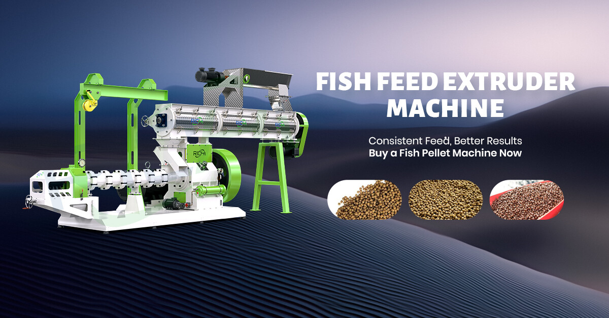 Illustration of industrial fish feed extruder machine with green frame and three sample pellets