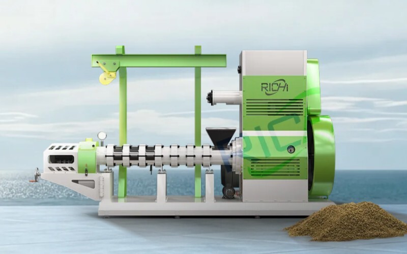 Illustration of green industrial dredging or aggregate processing equipment positioned over water with sand pile
