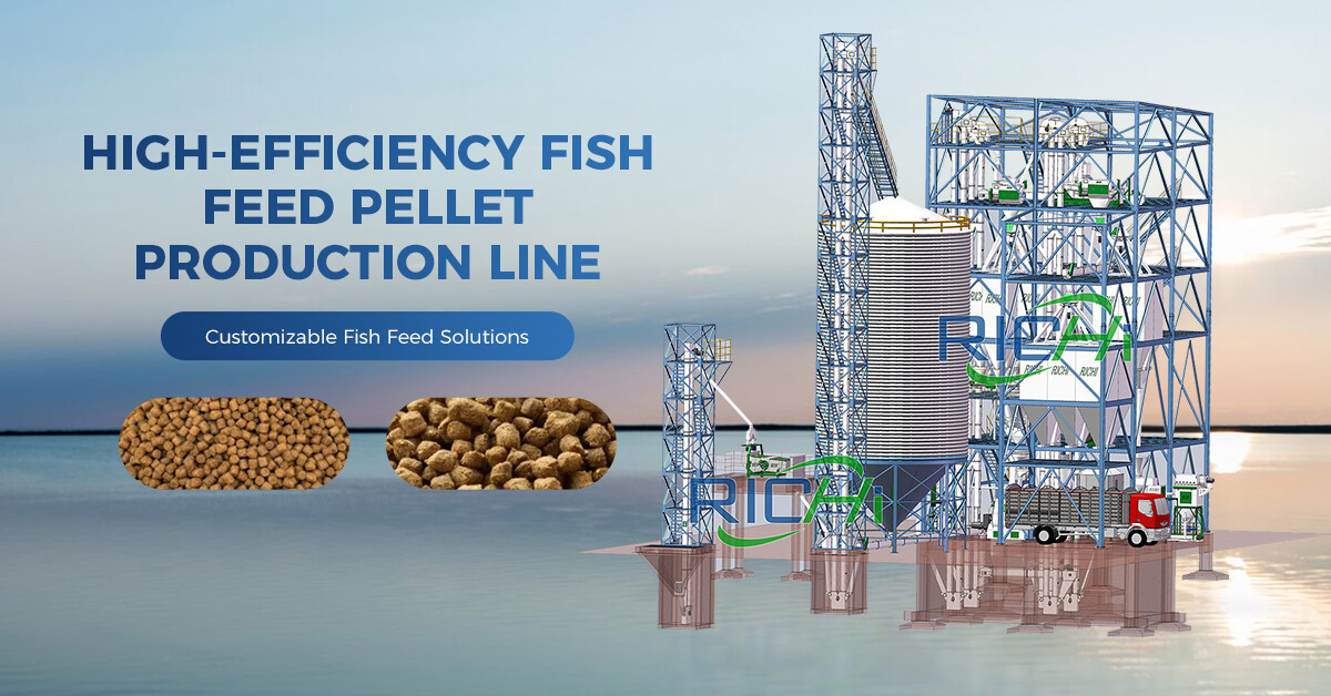 Illustration of high-efficiency fish feed pellet production line with industrial machinery and storage silos