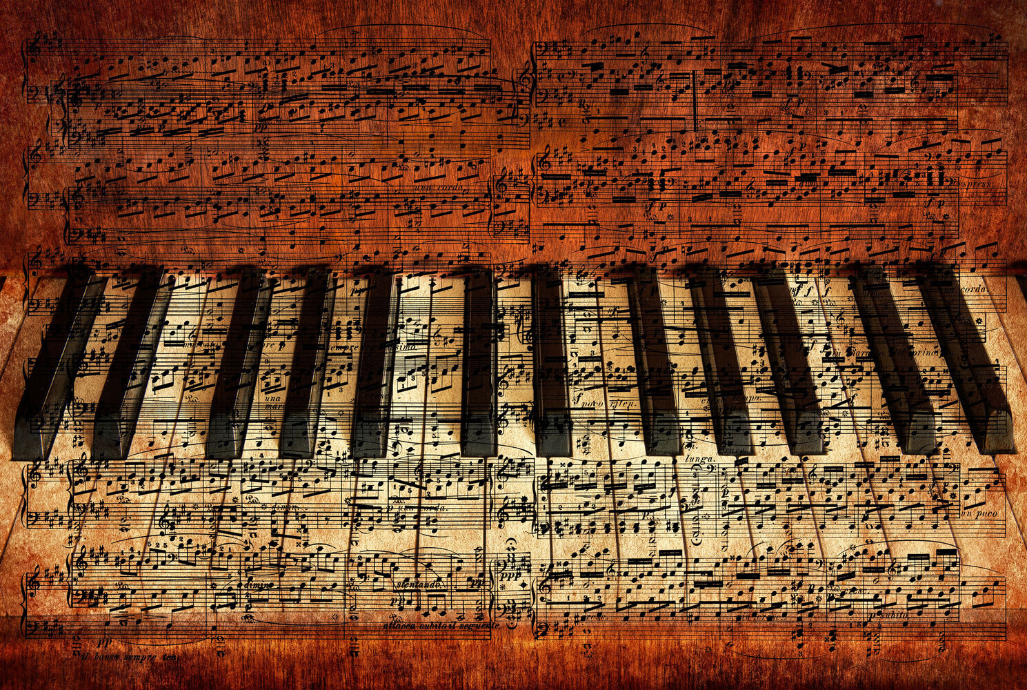 Digital composite of a piano keyboard overlaid on aged sheet music over a warm wood-grain background