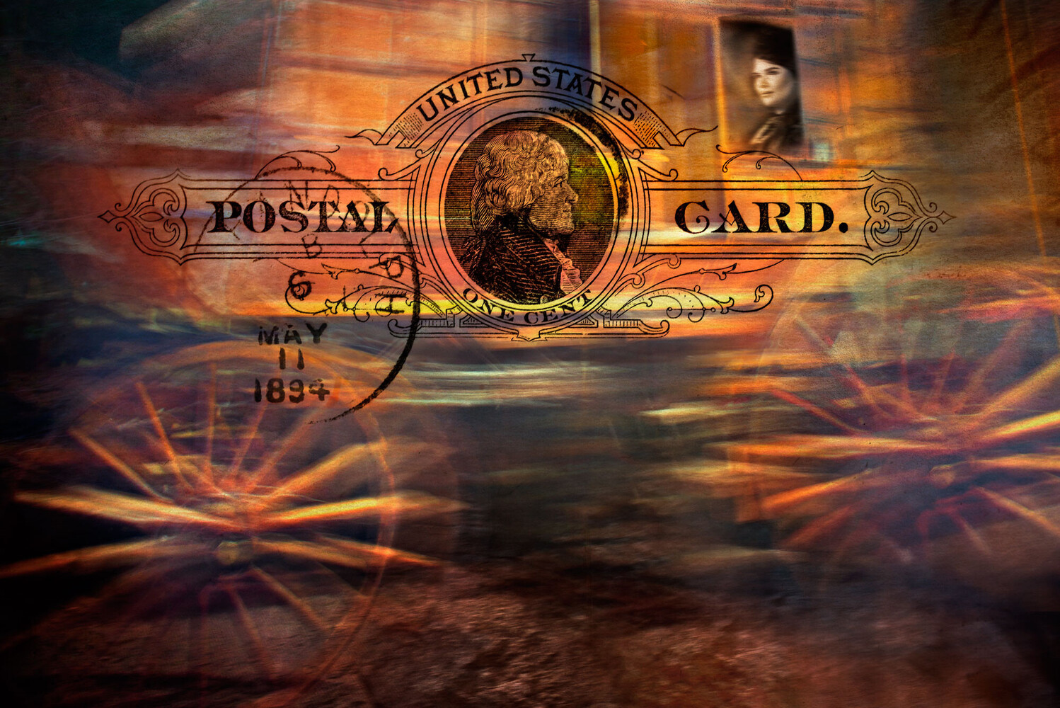 Digital composite of a vintage US postal card with a bearded man's portrait over a warm, motion-blurred scene of spoked wheels