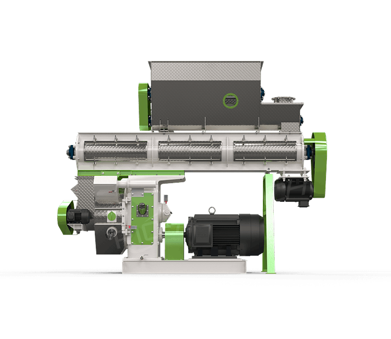 Illustration of industrial pellet mill machinery with green frame and gray hopper