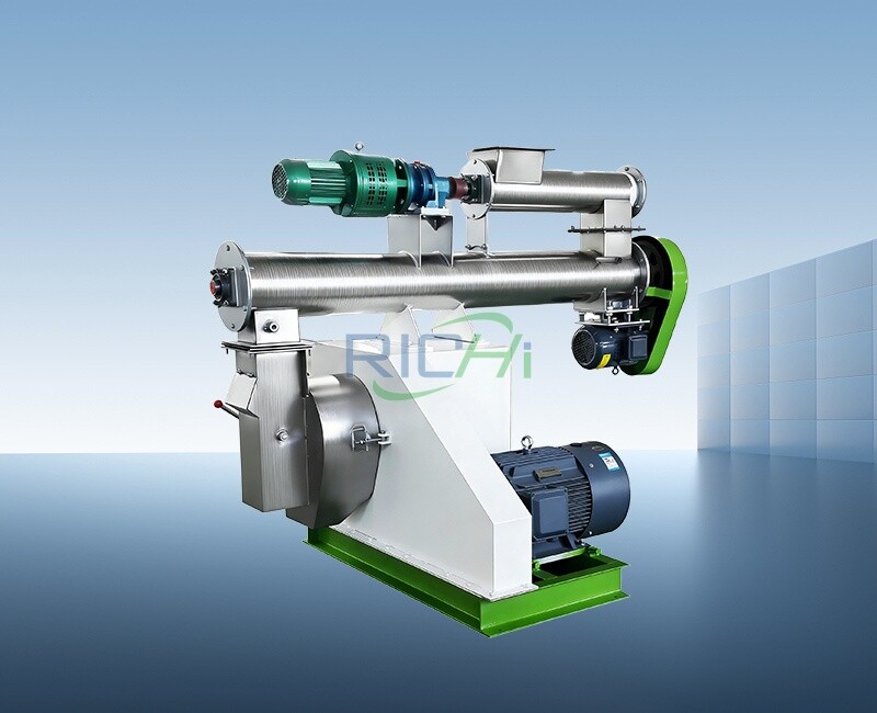 Illustration of industrial pellet mill machine with green accents and electric motor