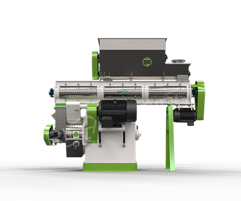 Illustration of an industrial pellet mill machine with green frame and gray hopper