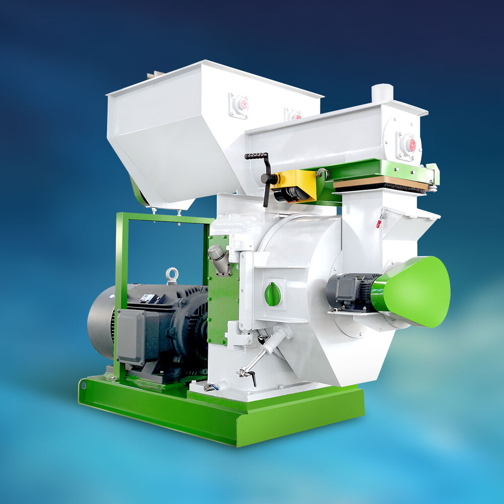 Illustration of a pellet mill machine with white hopper and green base against blue gradient background