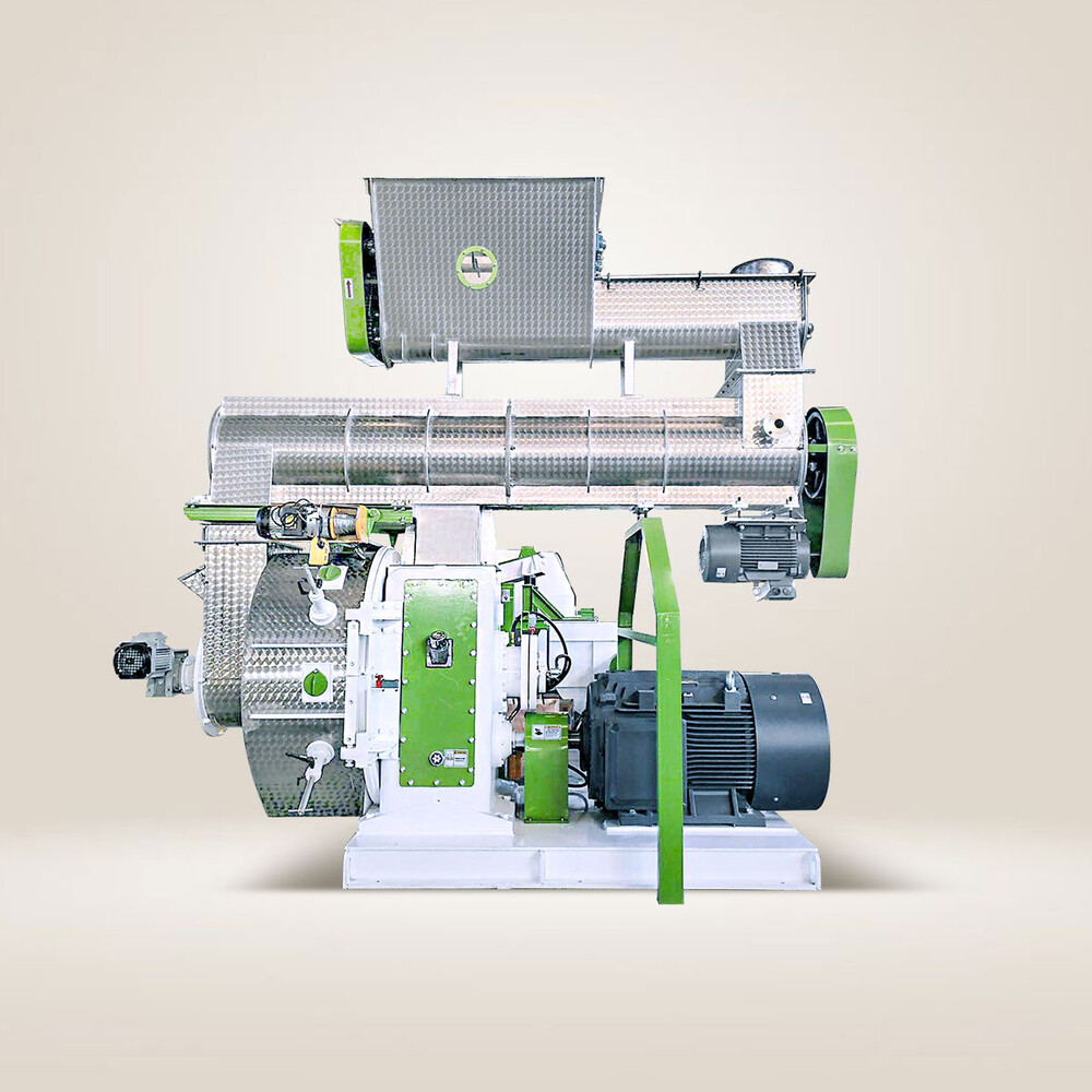 Illustration of a green and gray industrial engine assembly with motor and mechanical components