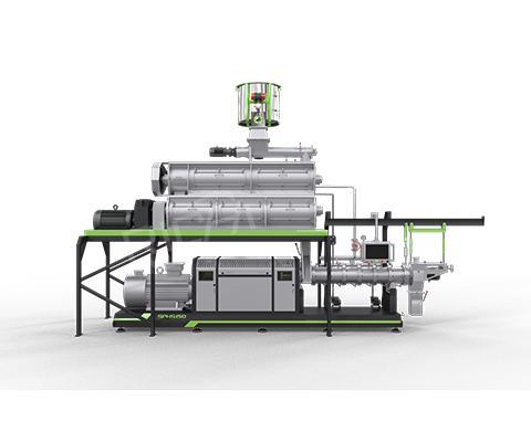 Illustration of industrial extruder machine with green accents and control systems