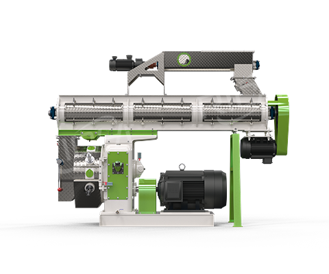 Illustration of industrial pellet mill machine with green frame and motor components