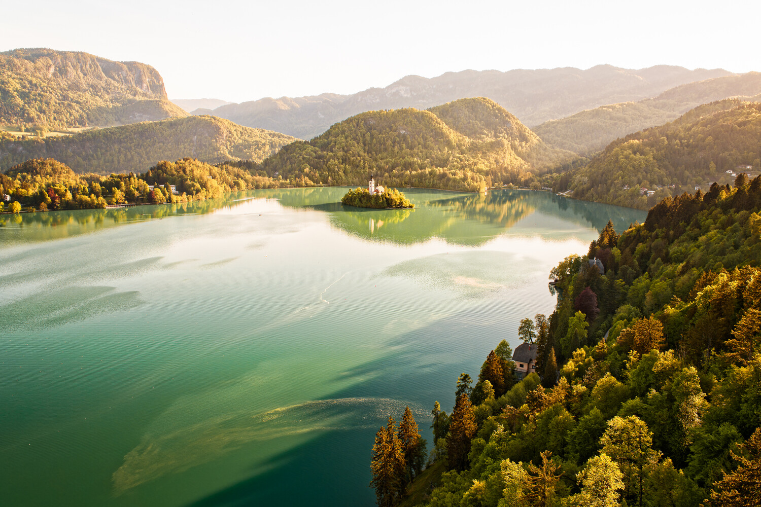 Alpine lake surrounded by forested mountains bathed in golden morning light