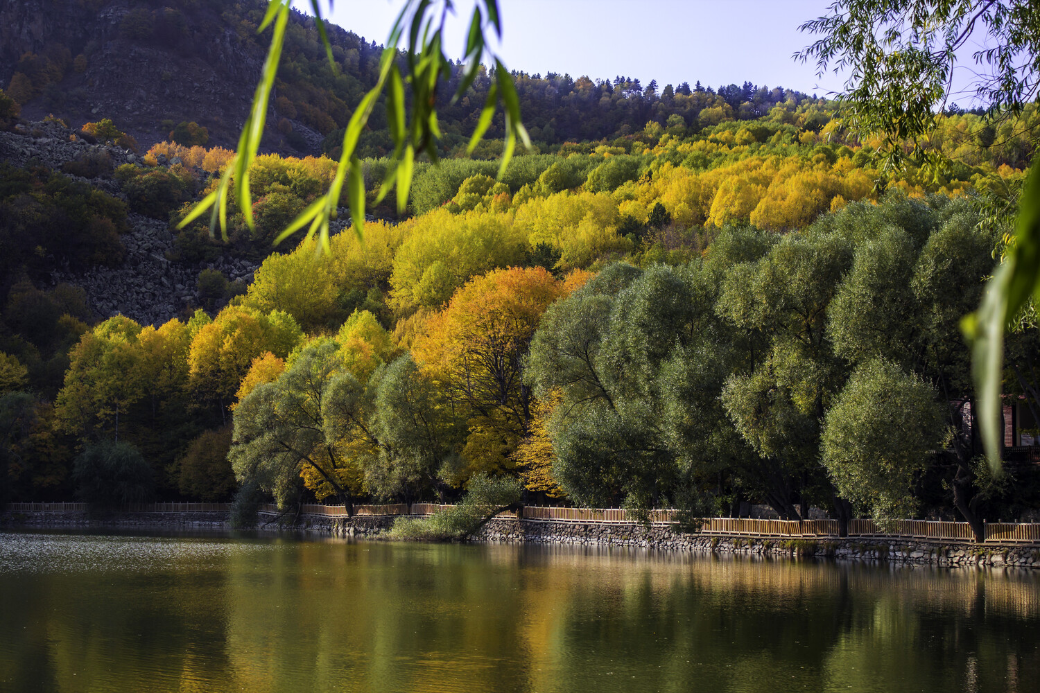Riverbank landscape with golden and green trees reflected in still water