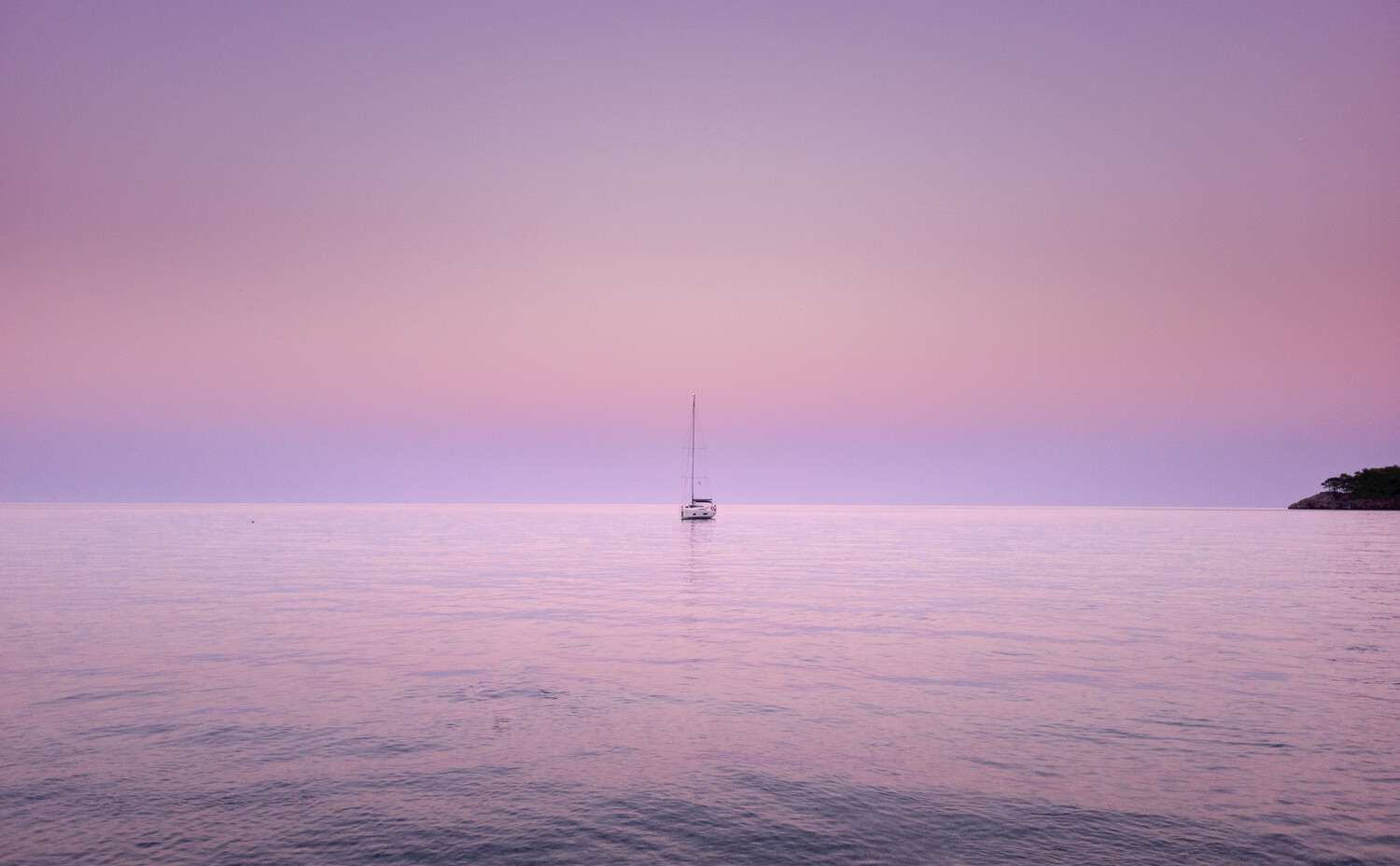 A single sailboat floating on calm water at dusk, with a pink and lavender sky fading into a soft horizon.