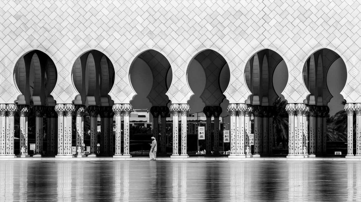 Six domed structures with ornate arches reflected in still water, black and white architectural photograph