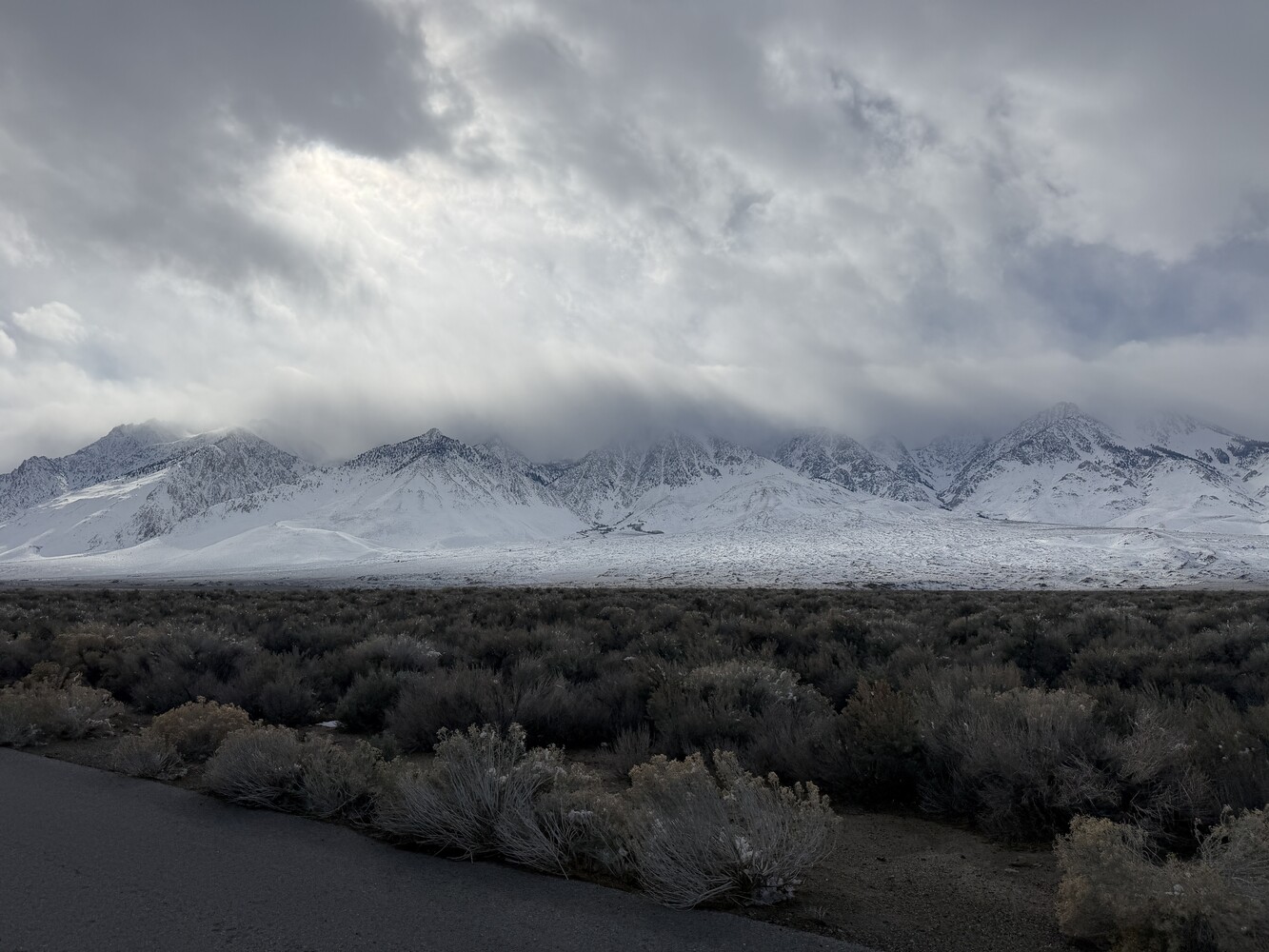Snow-capped mountain range with dramatic clouds above a dark river and sparse desert vegetation