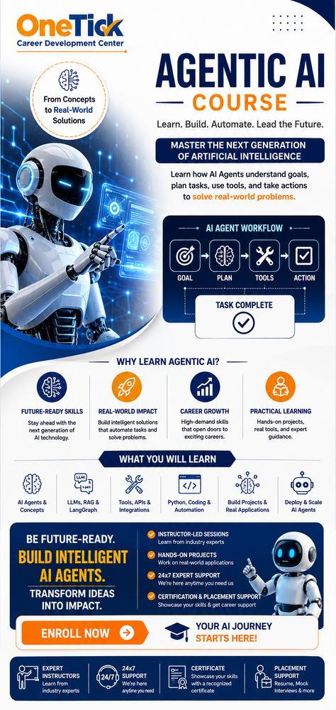 Graphic poster for Agentic AI Course featuring robot illustration and course details