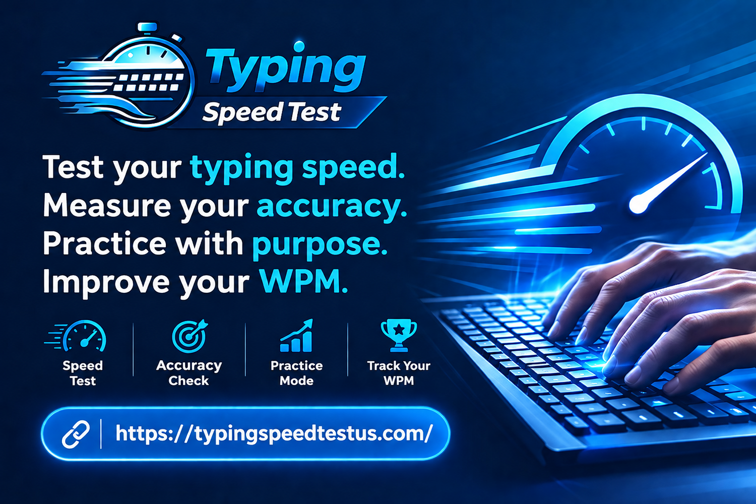 Graphic illustration for Typing Speed Test website featuring speedometer and hands on keyboard