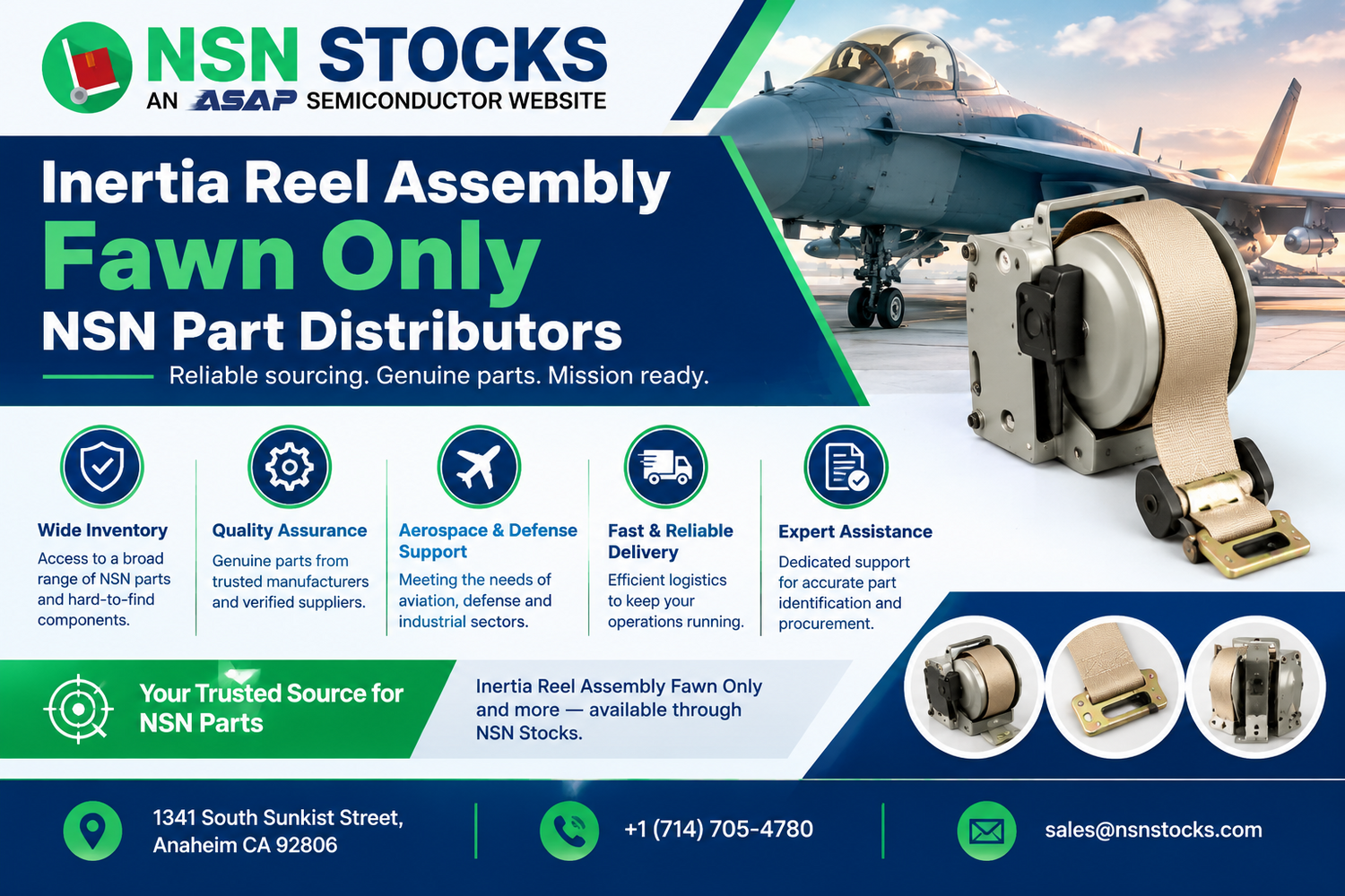 Graphic advertisement for NSN Stocks aerospace parts distributor featuring military aircraft and inertia reel assembly component