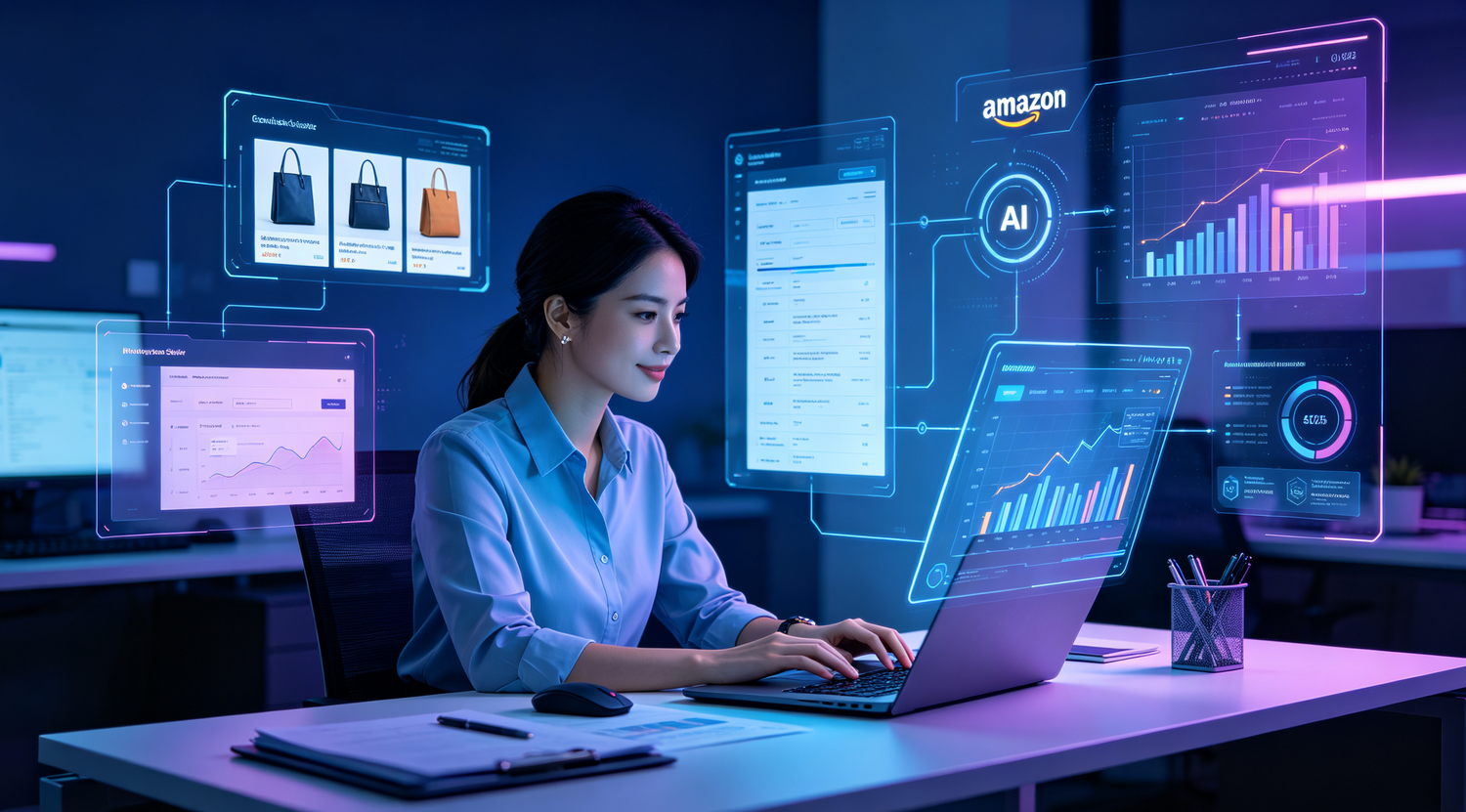 Woman working on laptop surrounded by floating holographic UI panels and data visualizations