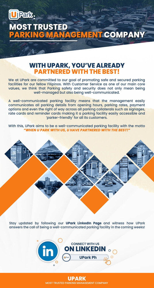 Graphic design for UPark, a parking management company, featuring diamond-shaped photo sections and orange geometric elements