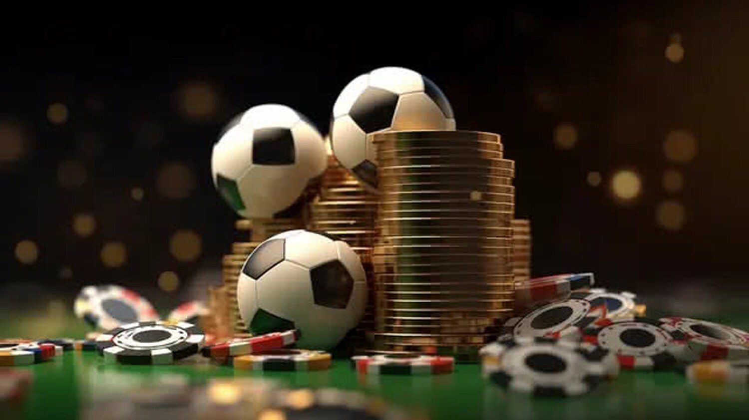 Illustration of three soccer balls resting on stacked gold coins with casino chips scattered on green felt surface