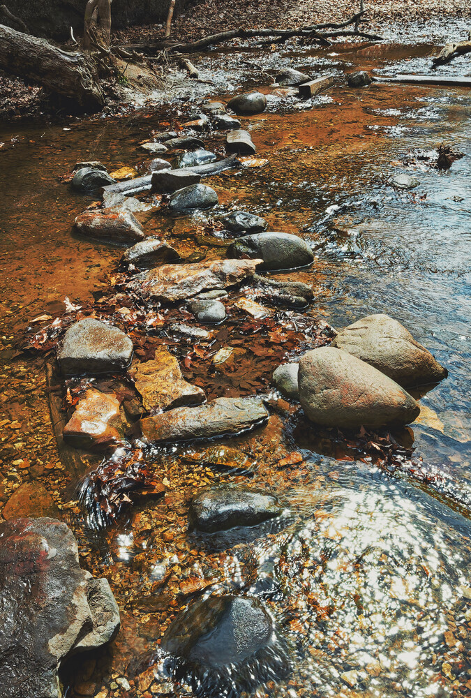 Stepping stones crossing a shallow stream with rust-colored water and moss-covered rocks