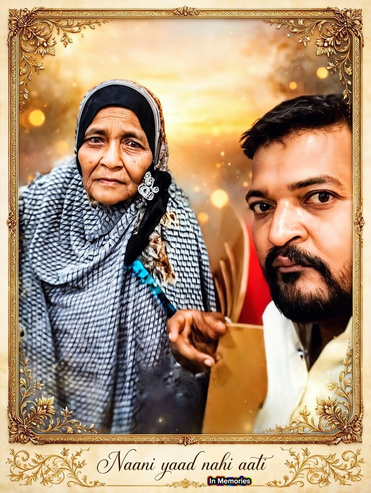 Elderly woman in headscarf and bearded man in white shirt pose together against warm golden bokeh background