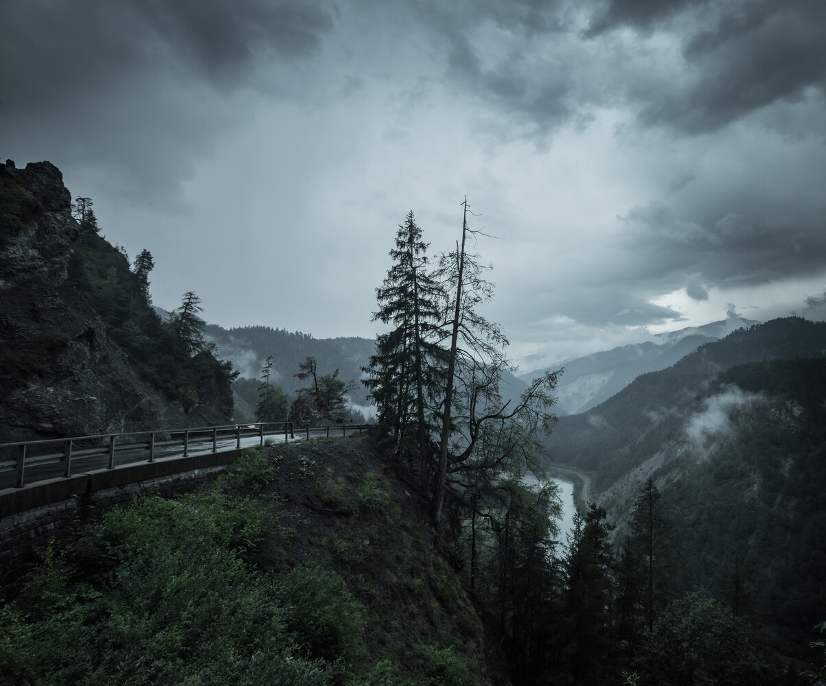 Mountain landscape with wooden railing, dead tree, and dramatic storm clouds over forested valley
