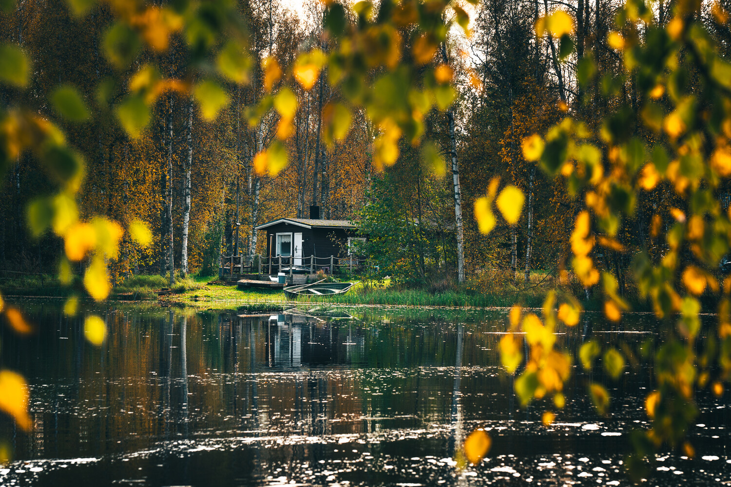 Small dark wooden sauna cabin with a porch on a lakeshore, surrounded by birch trees with autumn yellow leaves, reflected in still water.