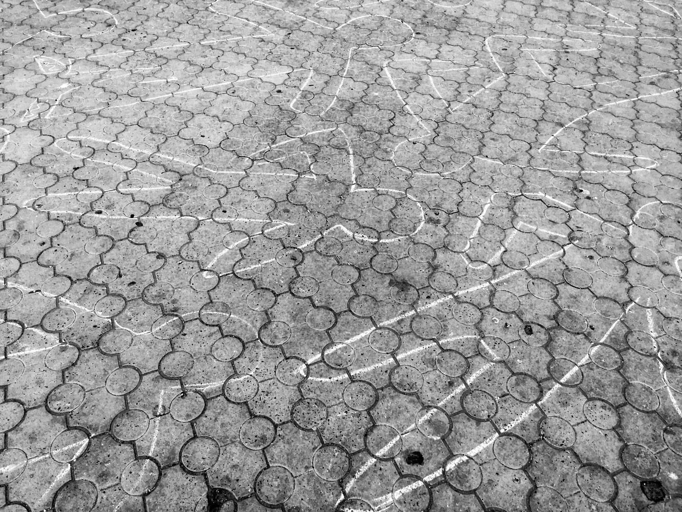 Black and white view of interlocking decorative paving stones with white painted curved lines across the surface.
