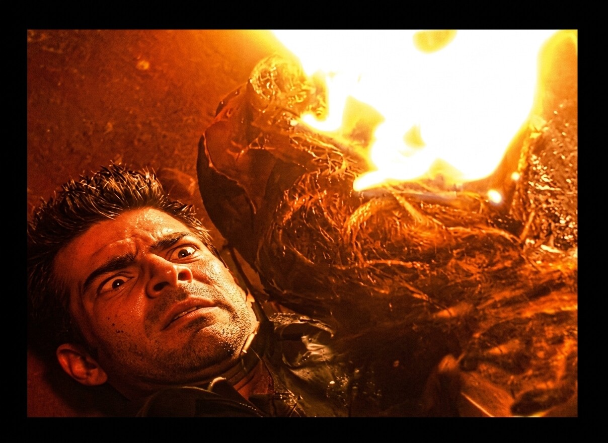 Man with slicked-back dark hair grimaces and looks upward in alarm as a blazing, flame-engulfed figure fills the background.